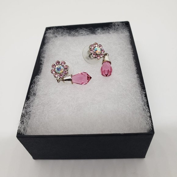 Pink/Clear Flower Dangle Drop Earrings - Picture 1 of 6
